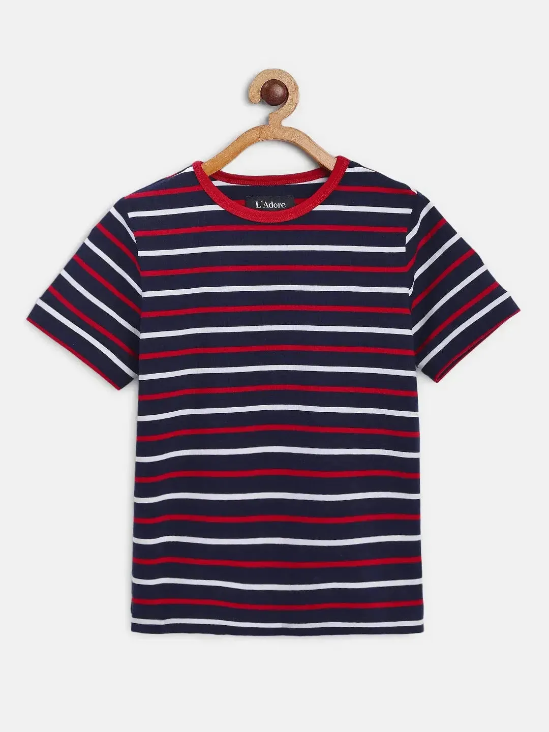 Blue Striped Round Neck Cotton T-shirt