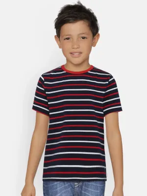 Blue Striped Round Neck Cotton T-shirt