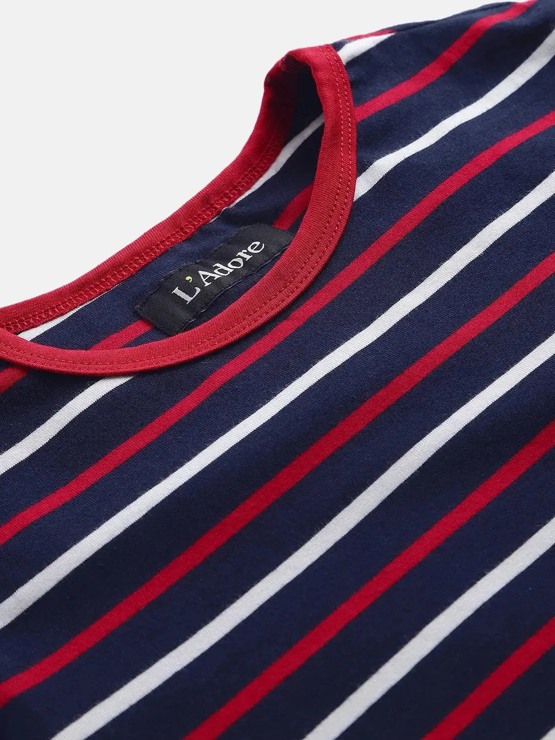 Blue Striped Round Neck Cotton T-shirt