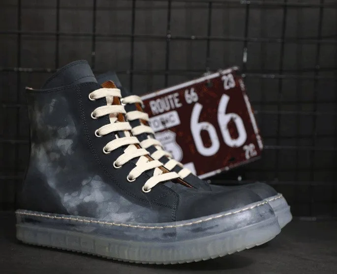 BOOPDO MESS DESIGN LEATHER HI TOP TRAINERS WITH CONTRAST SOLE