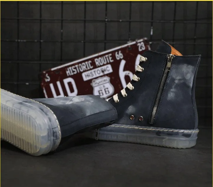 BOOPDO MESS DESIGN LEATHER HI TOP TRAINERS WITH CONTRAST SOLE