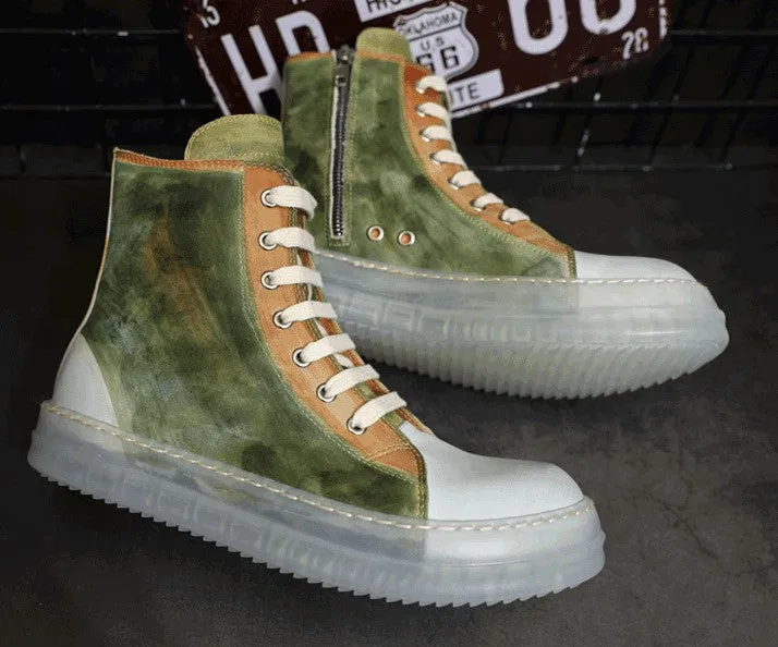 BOOPDO MESS DESIGN LEATHER HI TOP TRAINERS WITH CONTRAST SOLE