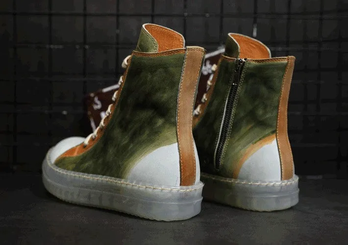 BOOPDO MESS DESIGN LEATHER HI TOP TRAINERS WITH CONTRAST SOLE