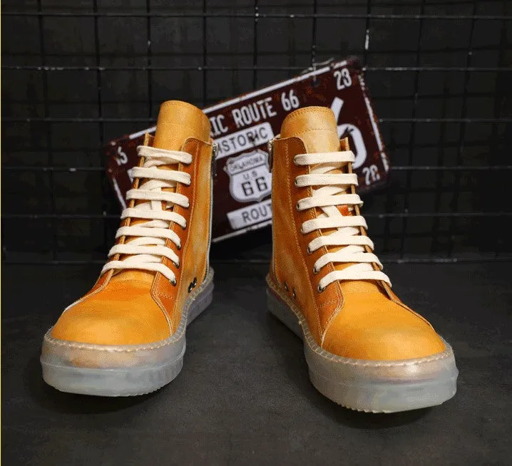 BOOPDO MESS DESIGN LEATHER HI TOP TRAINERS WITH CONTRAST SOLE