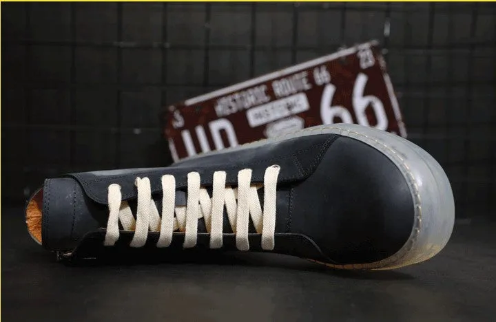BOOPDO MESS DESIGN LEATHER HI TOP TRAINERS WITH CONTRAST SOLE
