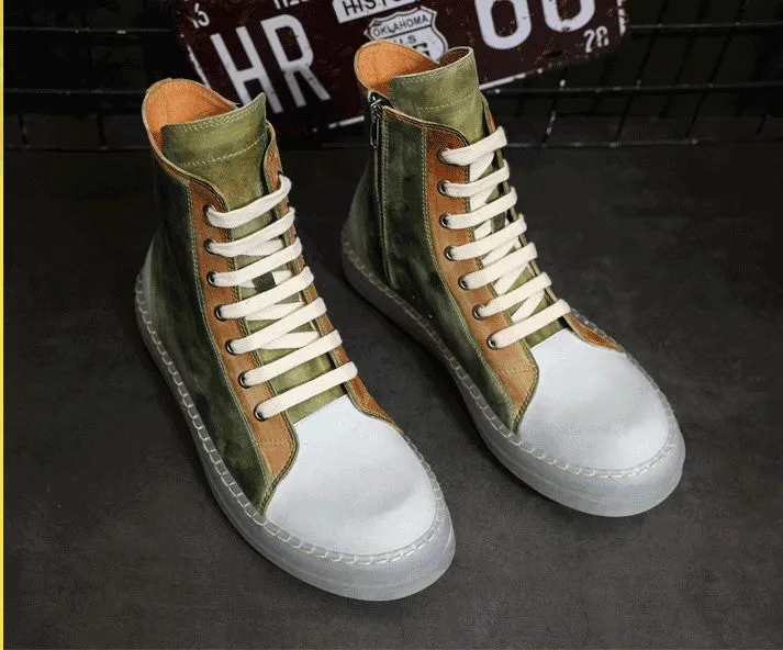 BOOPDO MESS DESIGN LEATHER HI TOP TRAINERS WITH CONTRAST SOLE