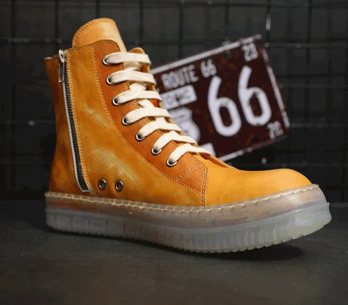 BOOPDO MESS DESIGN LEATHER HI TOP TRAINERS WITH CONTRAST SOLE