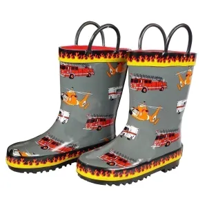 Boys Grey Fire Trucks Printed Rubber Boots 11-3 Kids