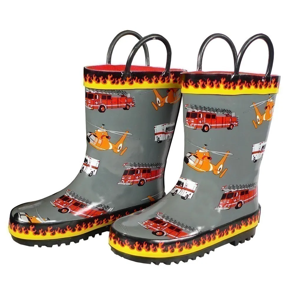 Boys Grey Fire Trucks Printed Rubber Boots 11-3 Kids