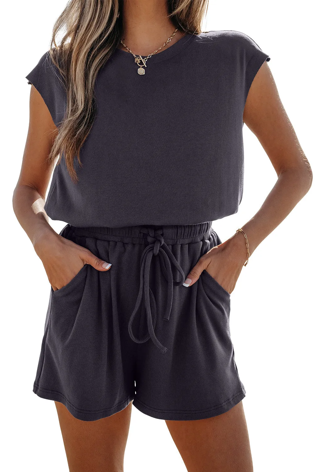 Bristol Black Knit Open Back Cap Sleeve Drawstring Romper