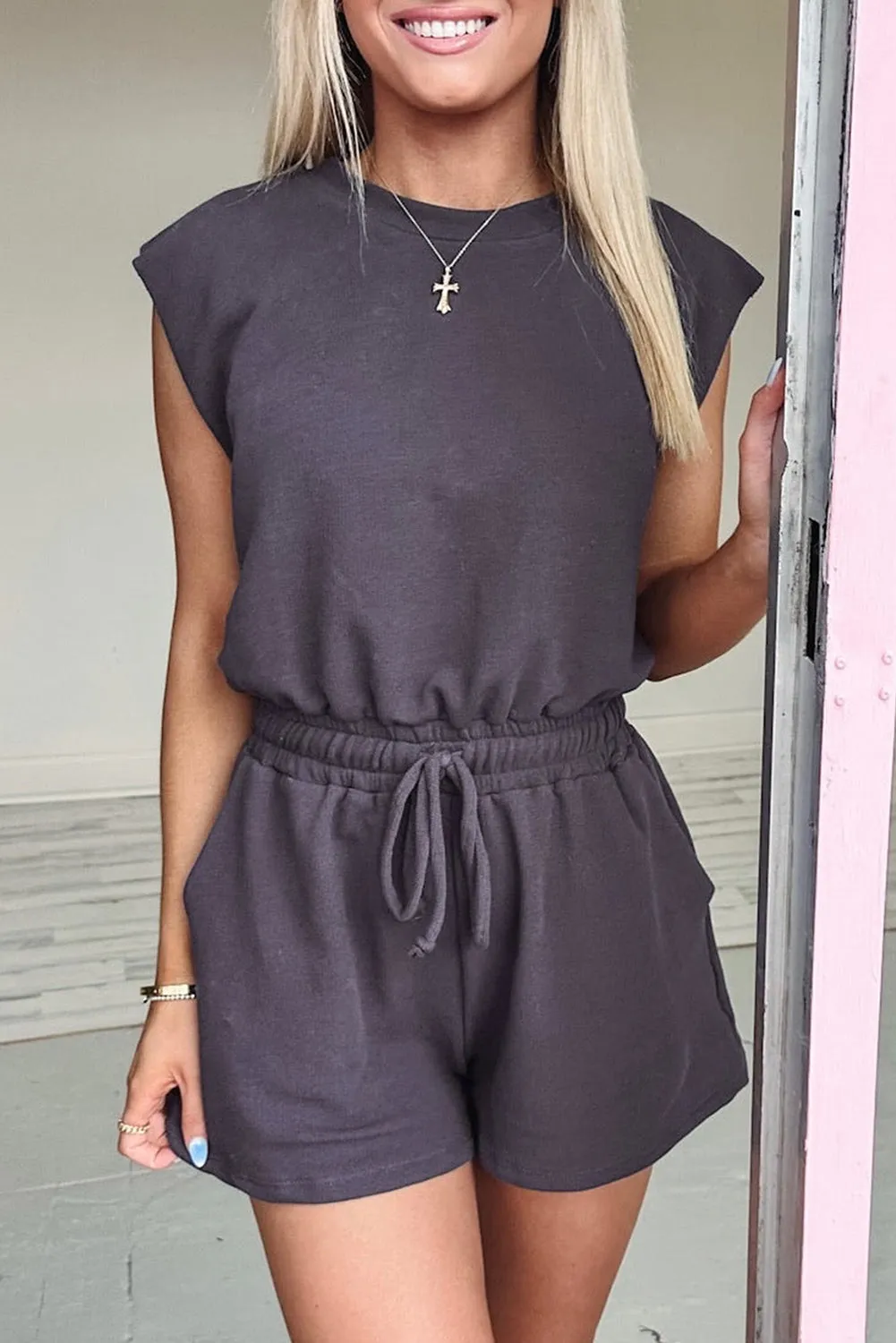 Bristol Black Knit Open Back Cap Sleeve Drawstring Romper
