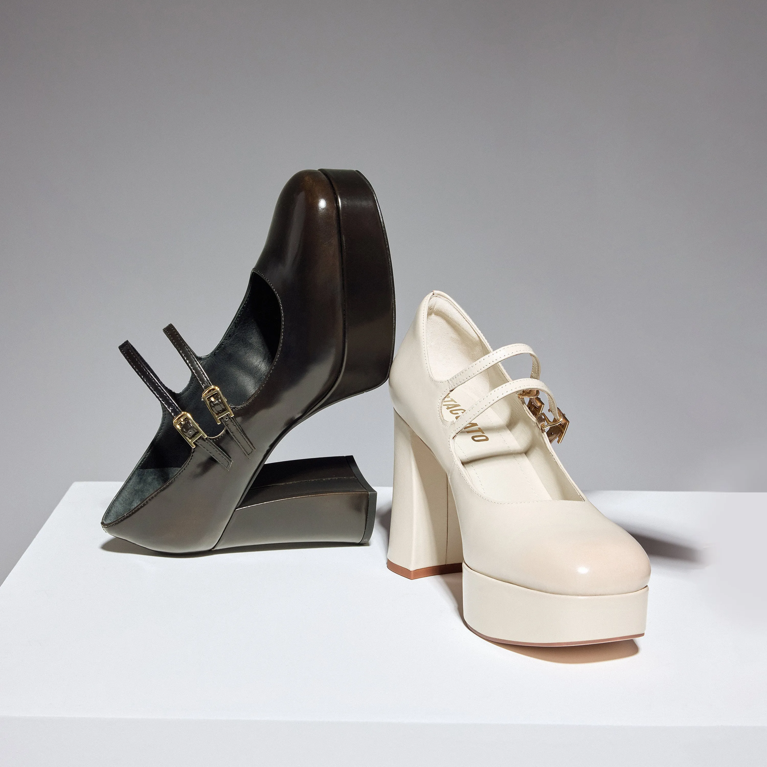 Brown Boxy Platform Strap Mary Jane Pumps