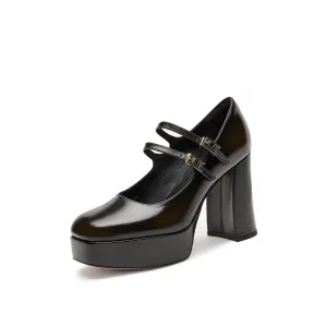 Brown Boxy Platform Strap Mary Jane Pumps