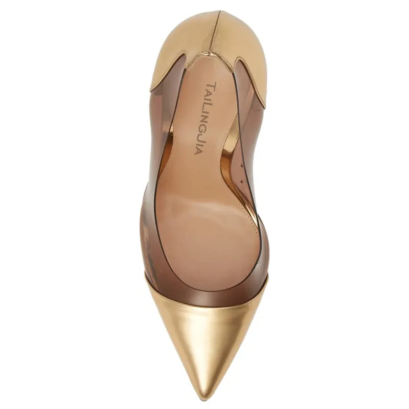 Brown PVC PU Patchwork Point Toe Slip-On Pumps