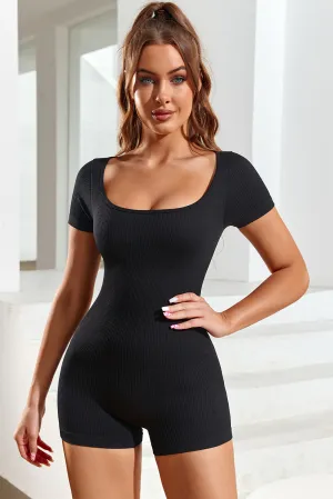Brown Ribbed Square Neck Short Sleeve Athleisure Romper