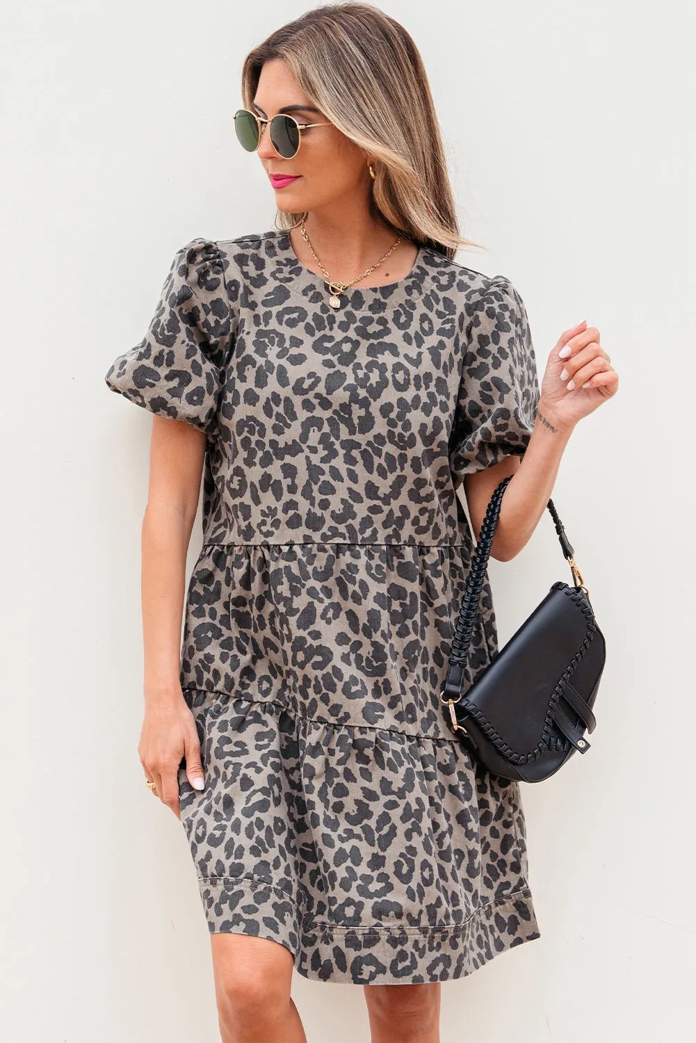 Bruine denim luipaard geprinte korte puff mouw mini-jurk