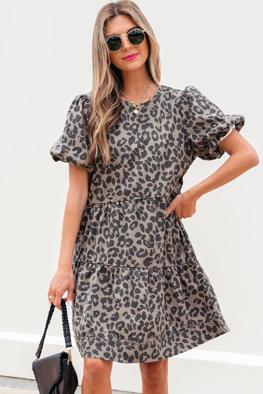 Bruine denim luipaard geprinte korte puff mouw mini-jurk