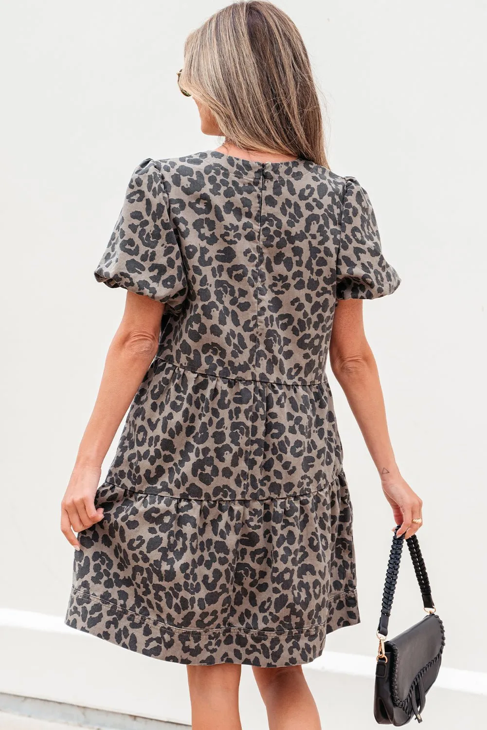 Bruine denim luipaard geprinte korte puff mouw mini-jurk