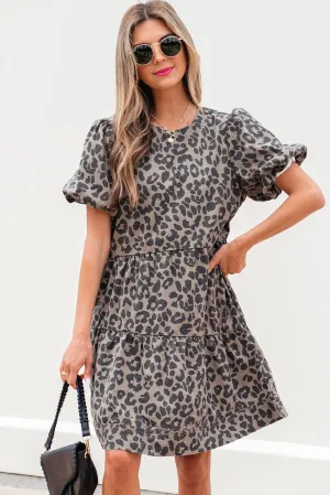 Bruine denim luipaard geprinte korte puff mouw mini-jurk