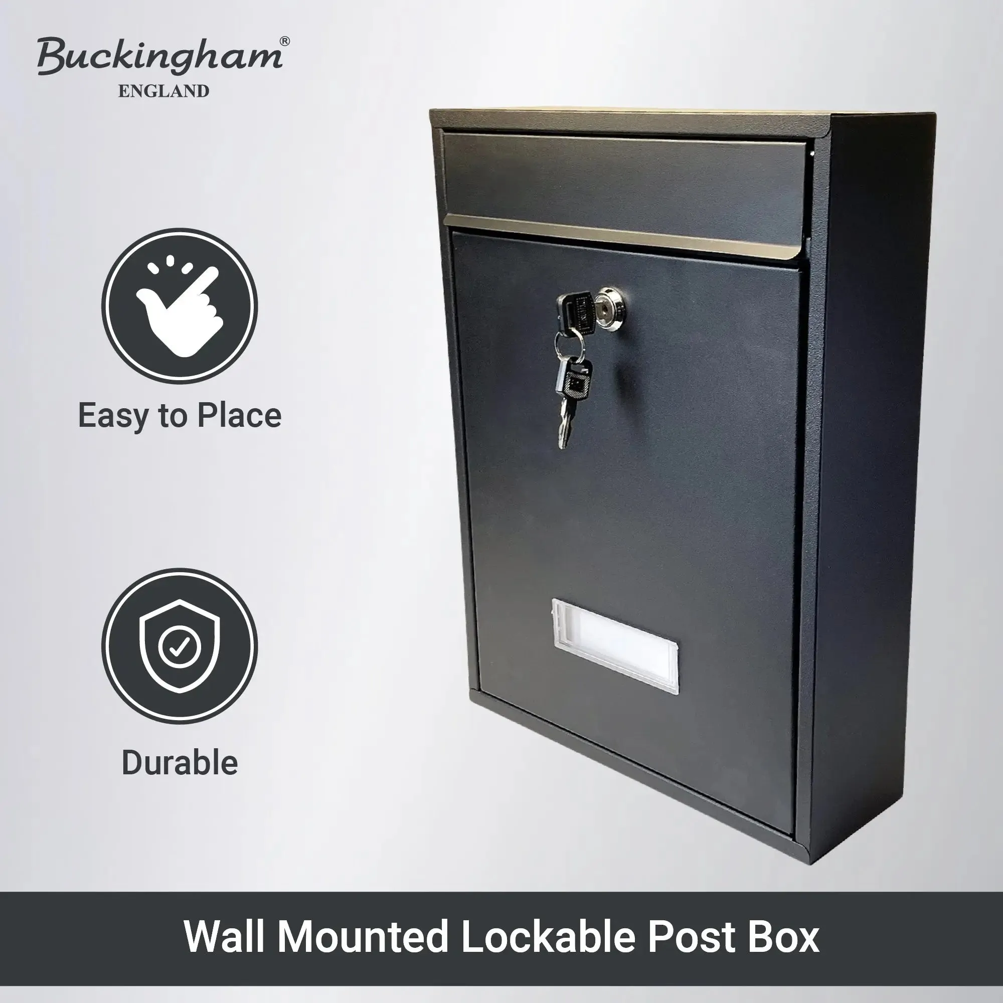 Buckingham Extra Large Wall Mounted Lockable Steel Mailboxes Heavy Duty Weather Resistant Post Box with Secure Key Lock Rustproof Powder Coated Finish Ideal for Outdoor Home or Office Use (Premium Black)