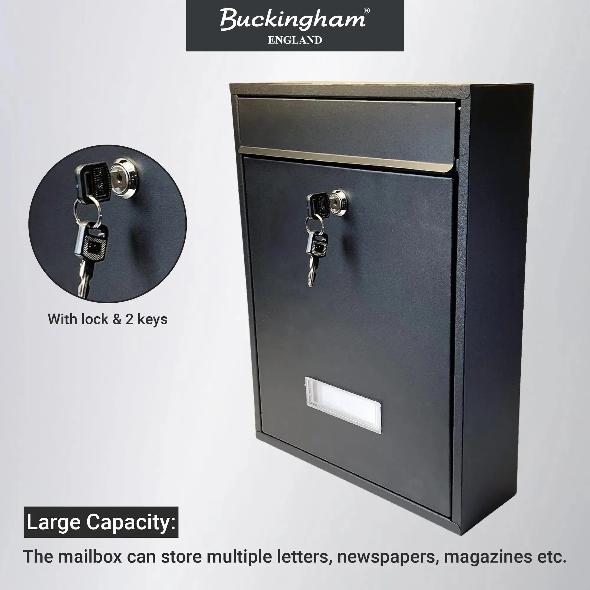 Buckingham Extra Large Wall Mounted Lockable Steel Mailboxes Heavy Duty Weather Resistant Post Box with Secure Key Lock Rustproof Powder Coated Finish Ideal for Outdoor Home or Office Use (Premium Black)