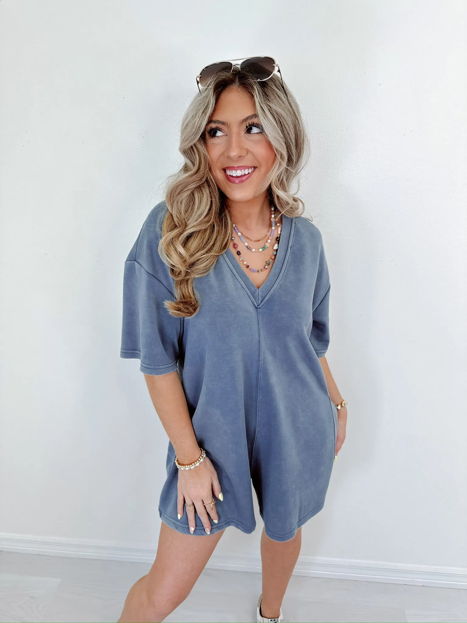 Calista Casual Patch Pocket Romper - Denim Blue