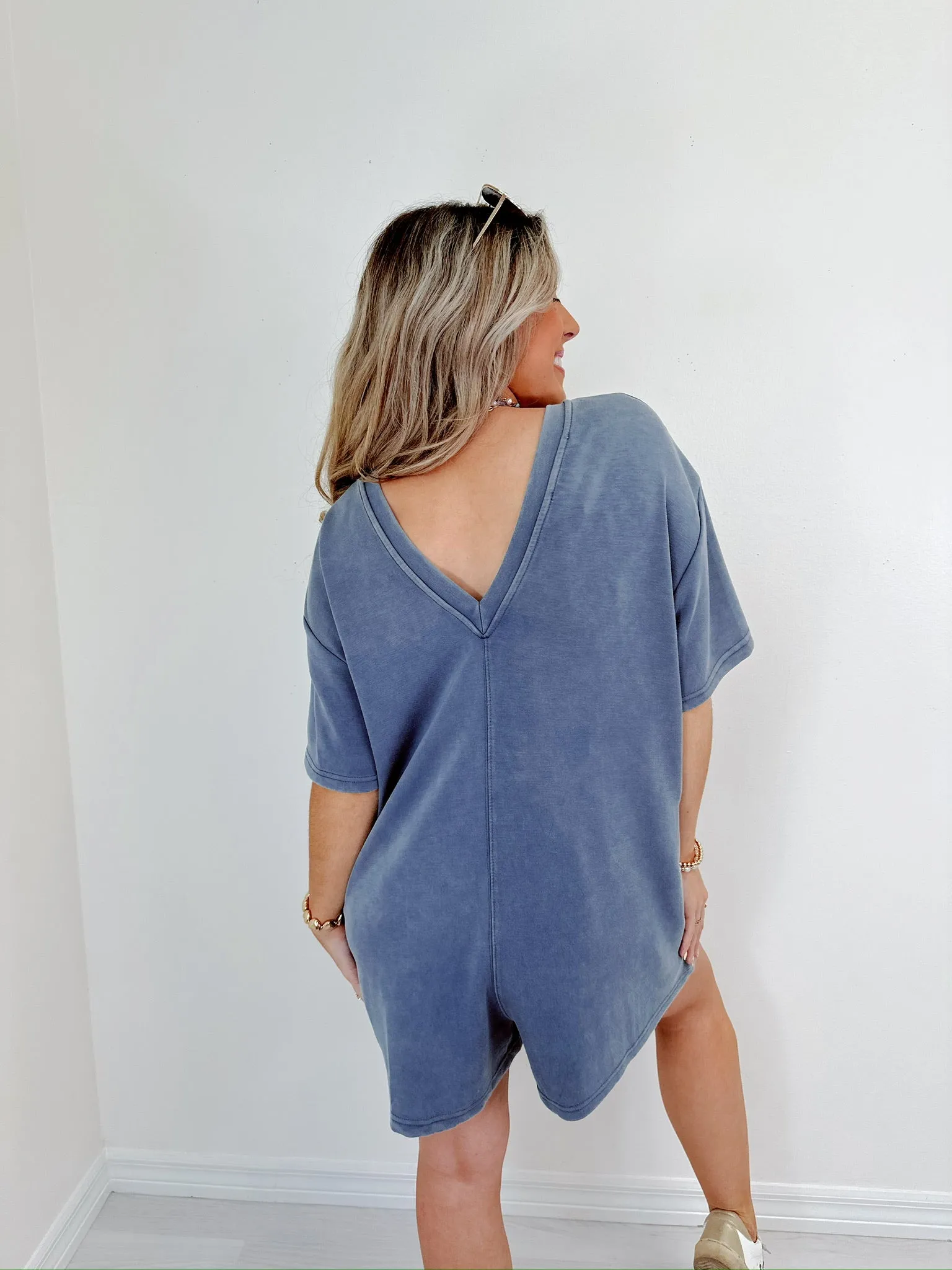 Calista Casual Patch Pocket Romper - Denim Blue