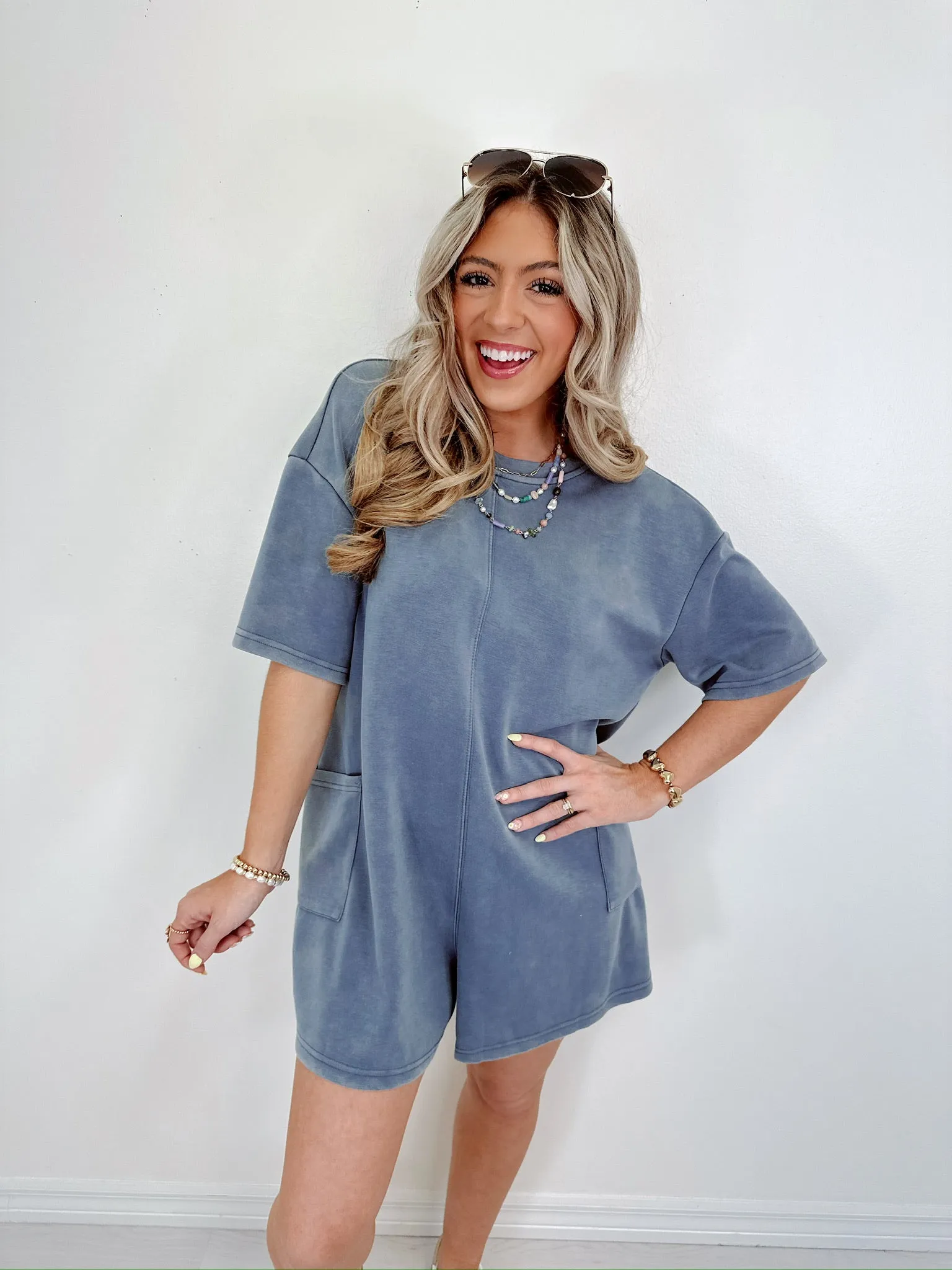 Calista Casual Patch Pocket Romper - Denim Blue