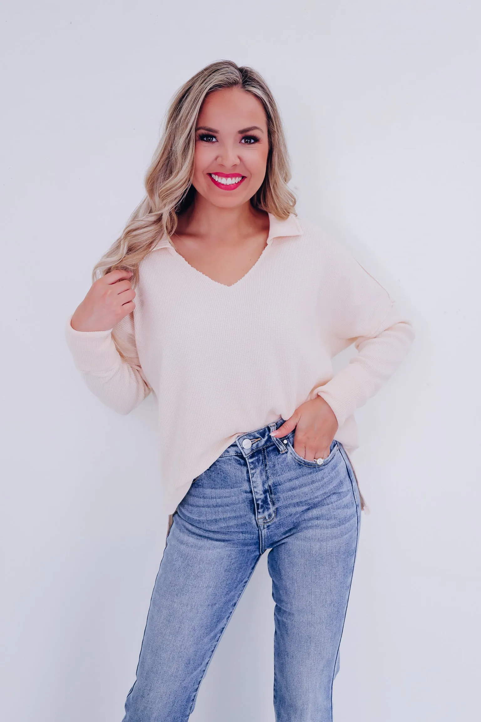Casual Sophistication Waffle Knit Top - Ivory