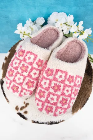 Checked Out Pink Flower Plush Slippers
