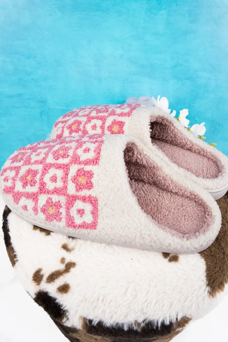 Checked Out Pink Flower Plush Slippers