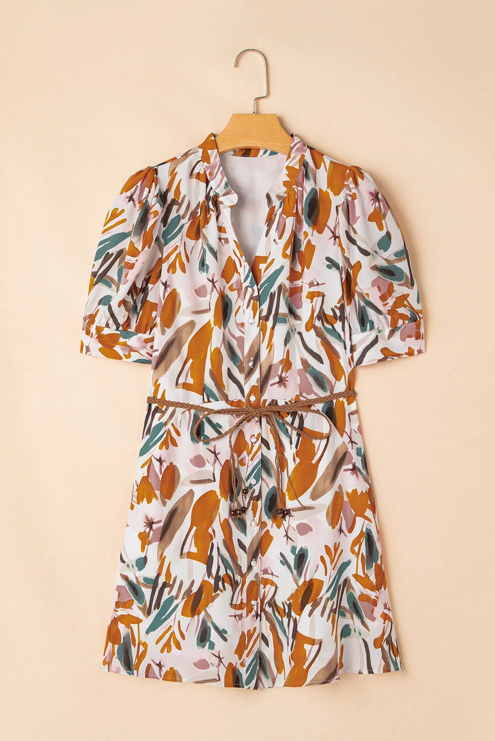 Christina Puff Sleeve Button Up Braided Belt Mini Dress