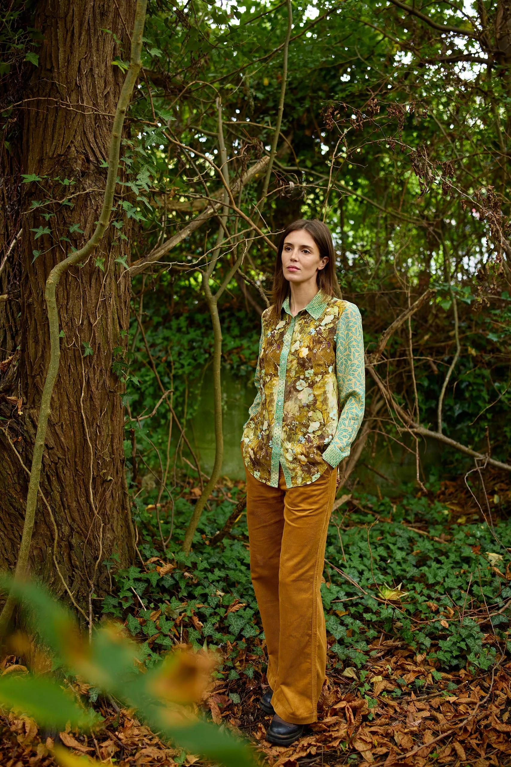 Concordia Wilderness Patch Mint/Gold Silk Crepe de Chine Shirt