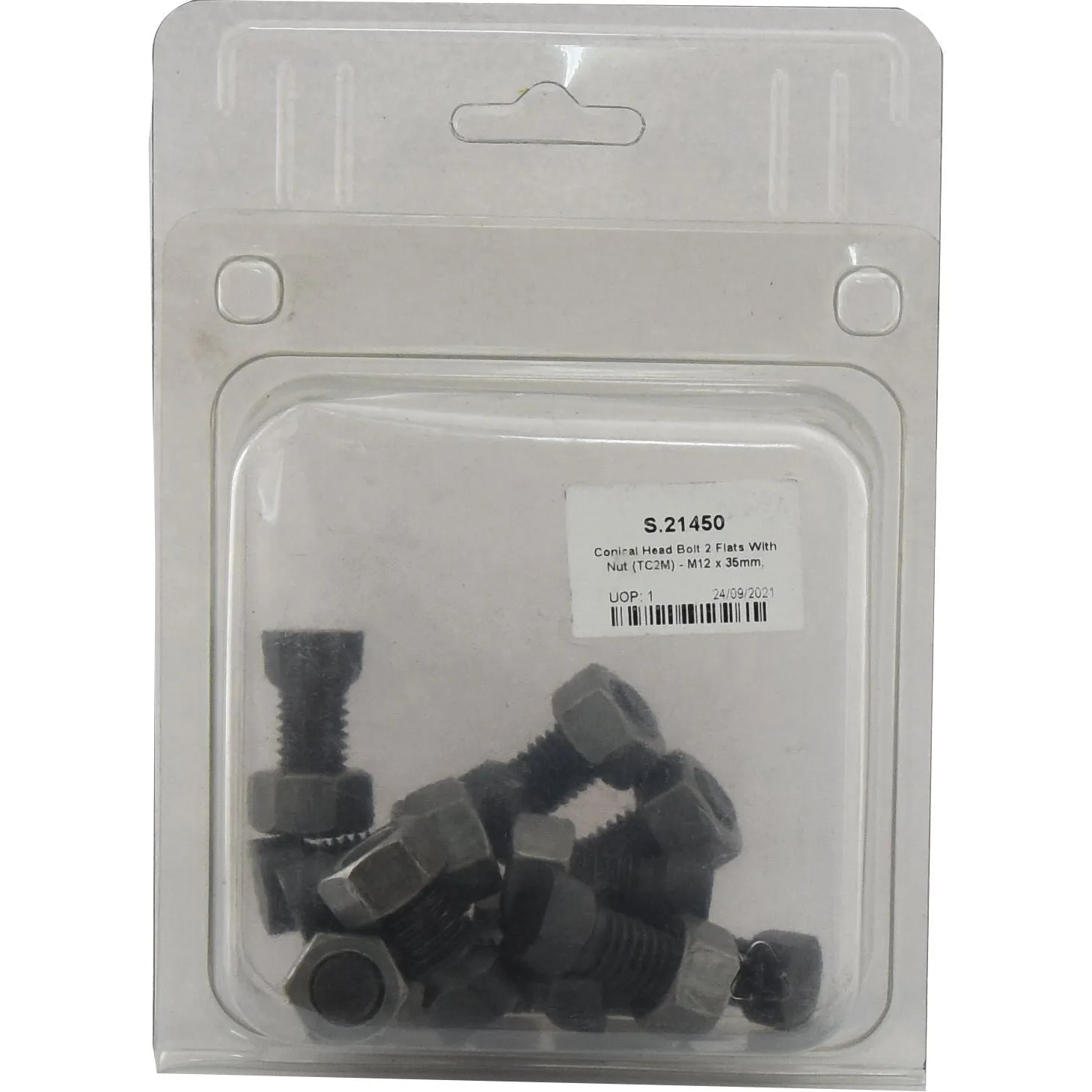 Conical Head Bolt 2 Flats With Nut (TC2M) - M12x35mm, Tensile strength 12.9 (12 pcs. Agripak) | Sparex Part No.S.21450