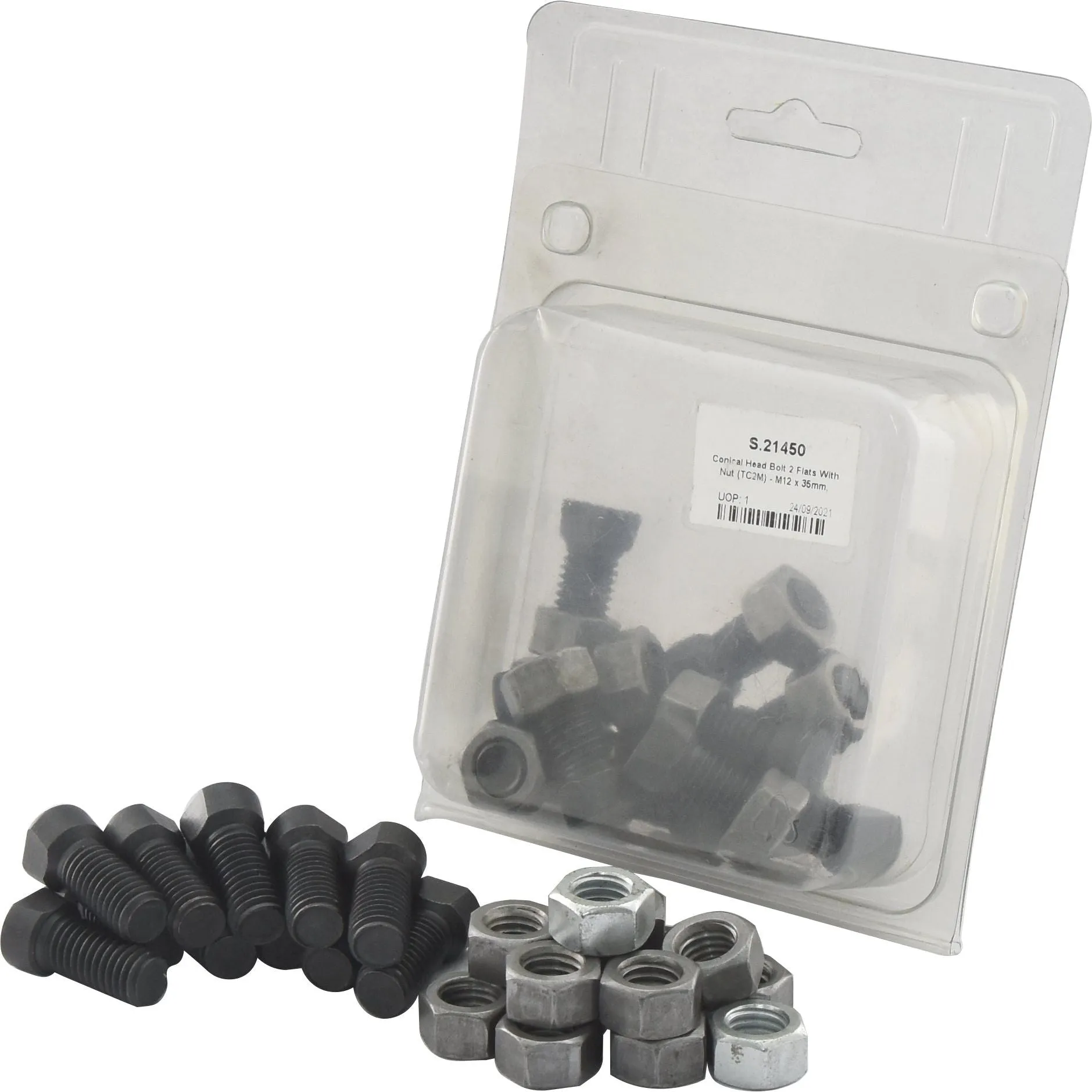 Conical Head Bolt 2 Flats With Nut (TC2M) - M12x35mm, Tensile strength 12.9 (12 pcs. Agripak) | Sparex Part No.S.21450