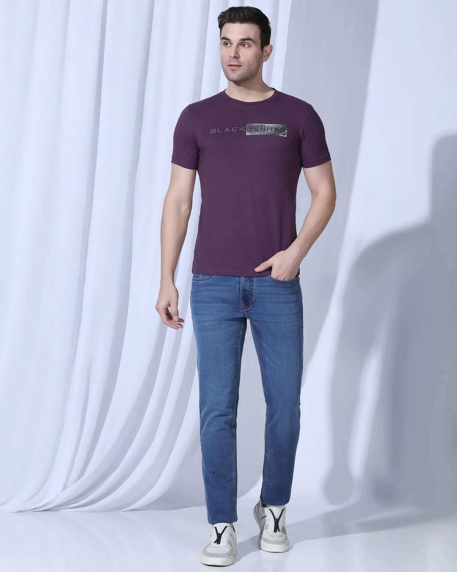 Crew Neck Purple Printed T-Shirt - Zedd