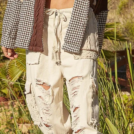 Crochet Patch Distressed Washed Jeans