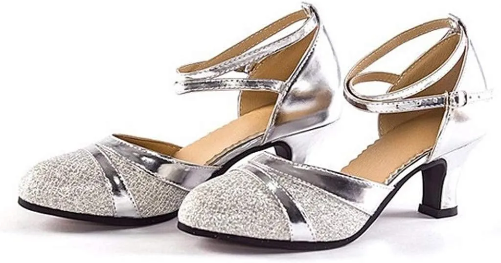 CsgrFagr Women's Ballroom Tango Latin Salsa Dancing Shoes Sequins Shoes Social Dance Shoe Womens Low Wedges (Silver, 5.5)