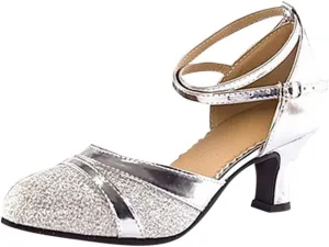 CsgrFagr Women's Ballroom Tango Latin Salsa Dancing Shoes Sequins Shoes Social Dance Shoe Womens Low Wedges (Silver, 5.5)
