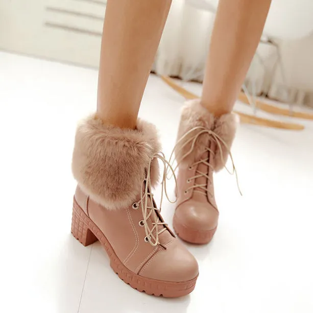 Curled Edge Faux Fur Lace Up Low Chunky Heels Short Boots
