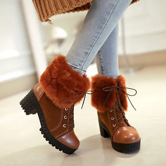 Curled Edge Faux Fur Lace Up Low Chunky Heels Short Boots