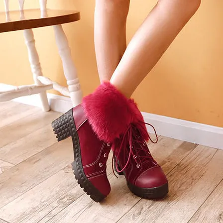 Curled Edge Faux Fur Lace Up Low Chunky Heels Short Boots