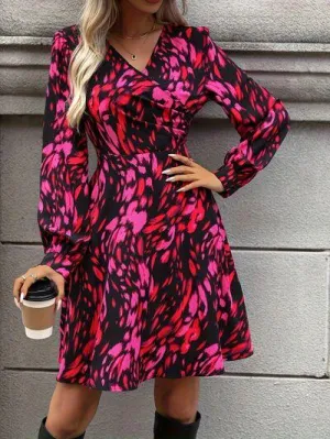 Deep Rose Surplice Long Sleeve Printed Dress