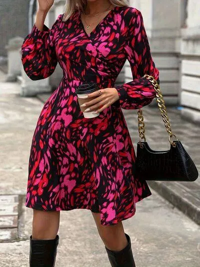 Deep Rose Surplice Long Sleeve Printed Dress