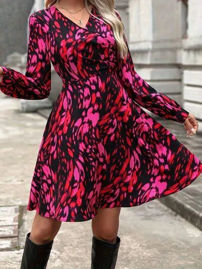 Deep Rose Surplice Long Sleeve Printed Dress
