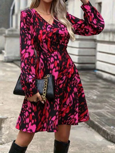Deep Rose Surplice Long Sleeve Printed Dress