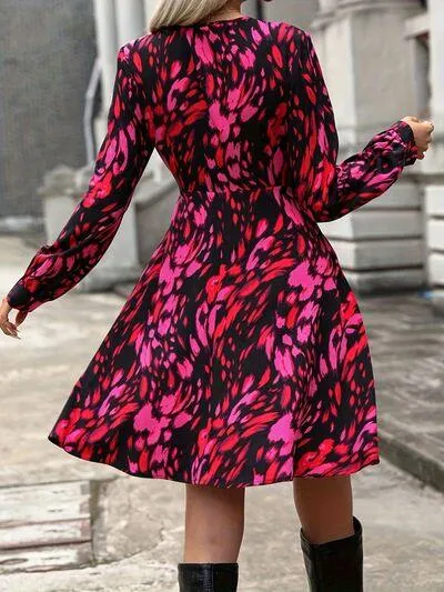 Deep Rose Surplice Long Sleeve Printed Dress