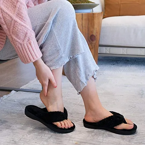 Dena Lives Women's Memory Foam Flip Flop Slippers with Cozy Short Plush Lining，Spa Thong Sandals Mules, Ladies' House Shoes with Indoor Outdoor Anti-Skid Hard Rubber Sole