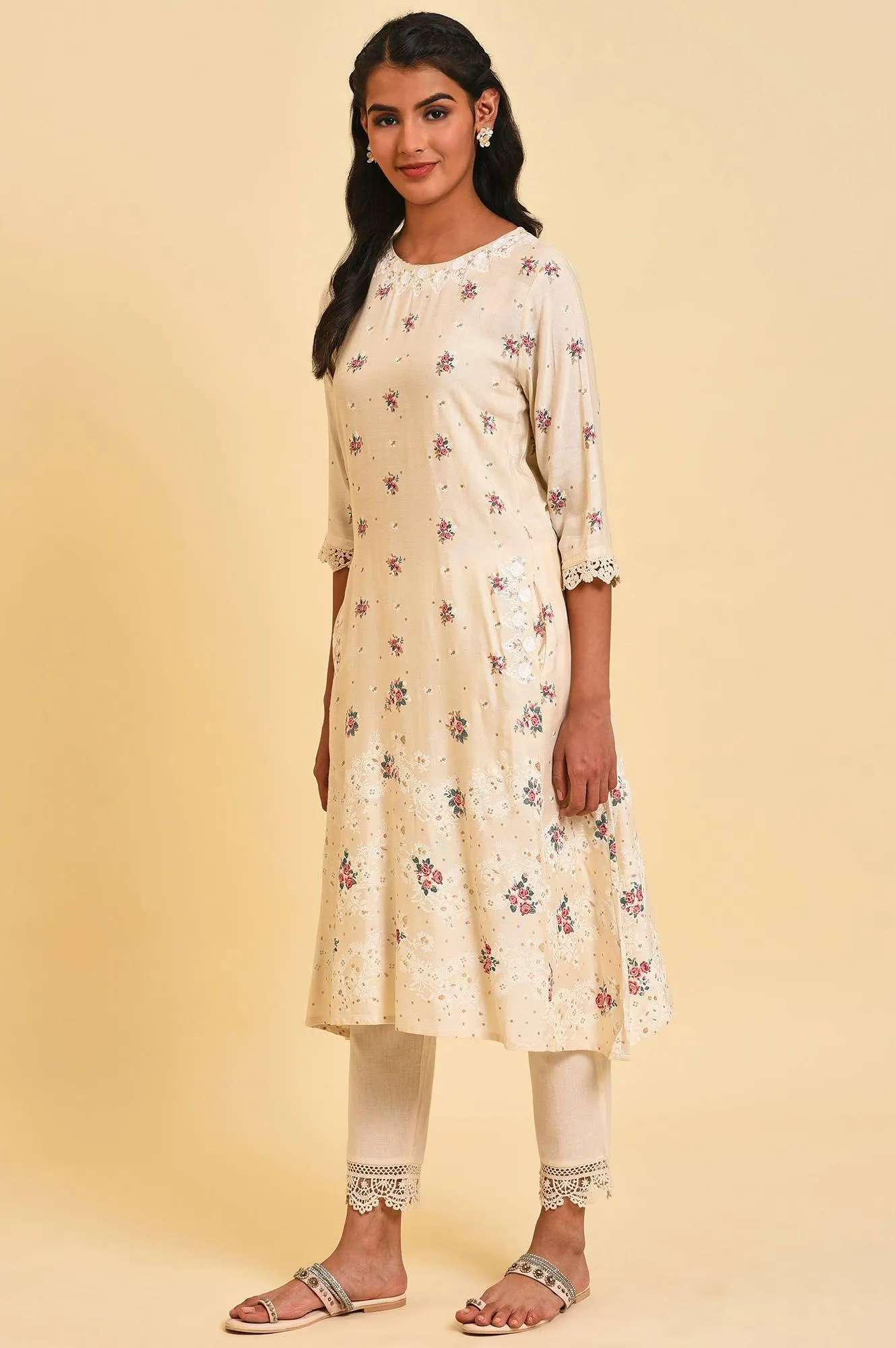 Ecru Glitter Floral Print Mix Plus Size kurta