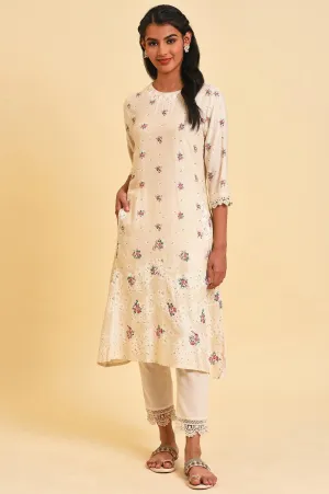 Ecru Glitter Floral Print Mix Plus Size kurta